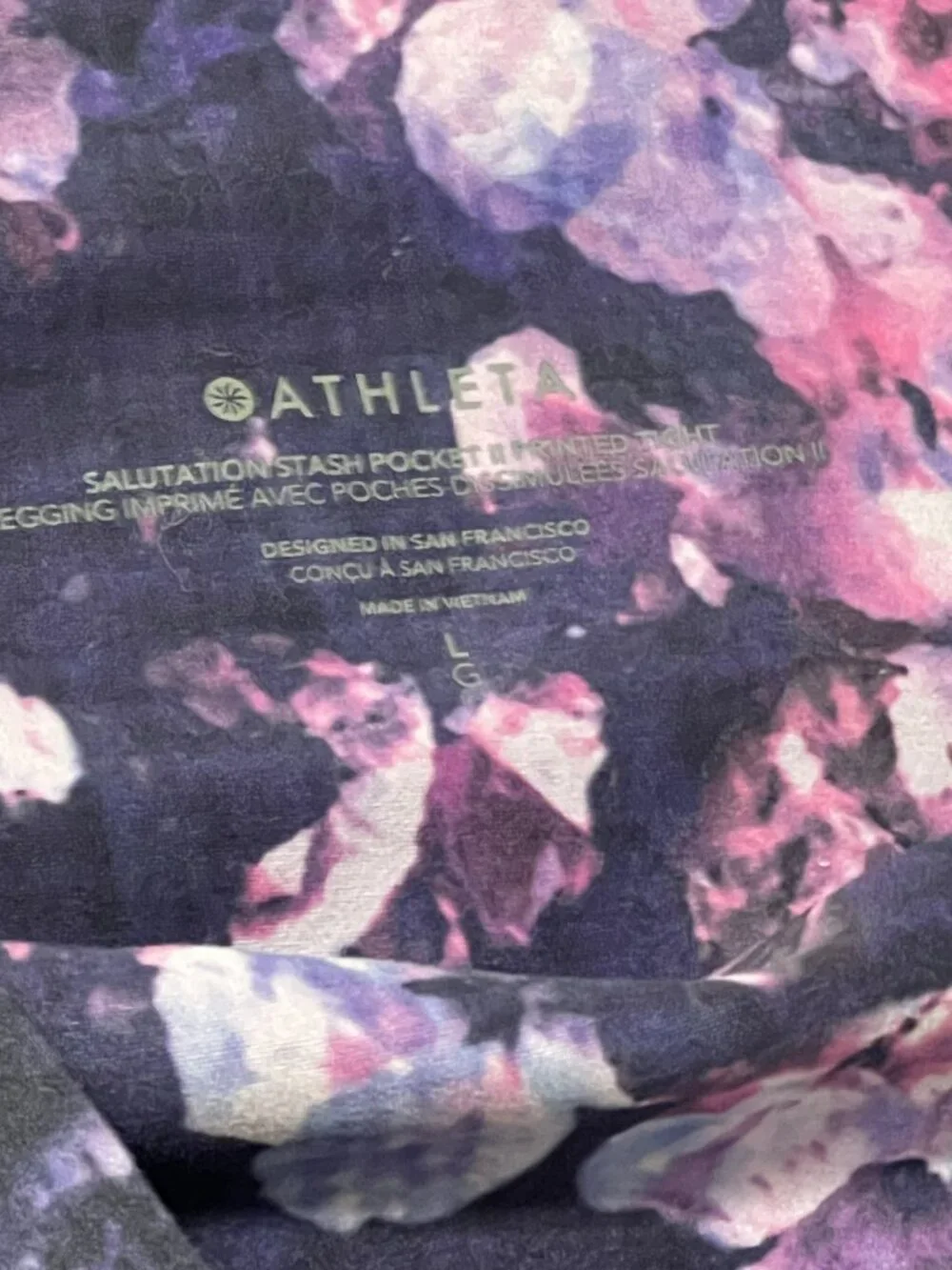 Athleta Salutation Stash Pocket II Printed 7/8 Tight Size L Purple Floral EUC - Picture 4 of 10